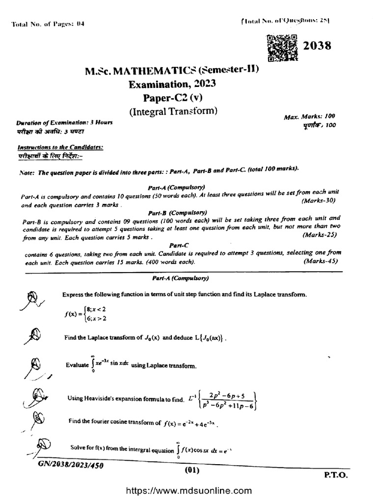 MSC 2 Sem Mathematics p5 Integral Transform 2038 2023 | PDF