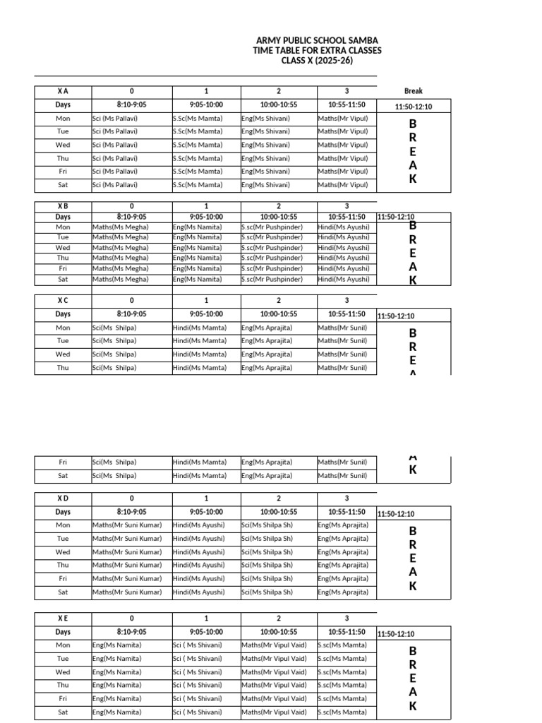Army Public School Samba Extra Classes Timetable | PDF