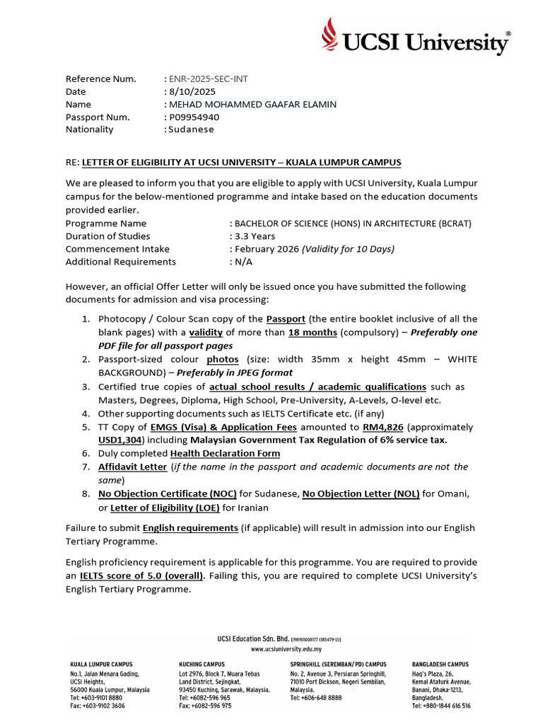 UCSI University Eligibility Letter for Architecture | PDF