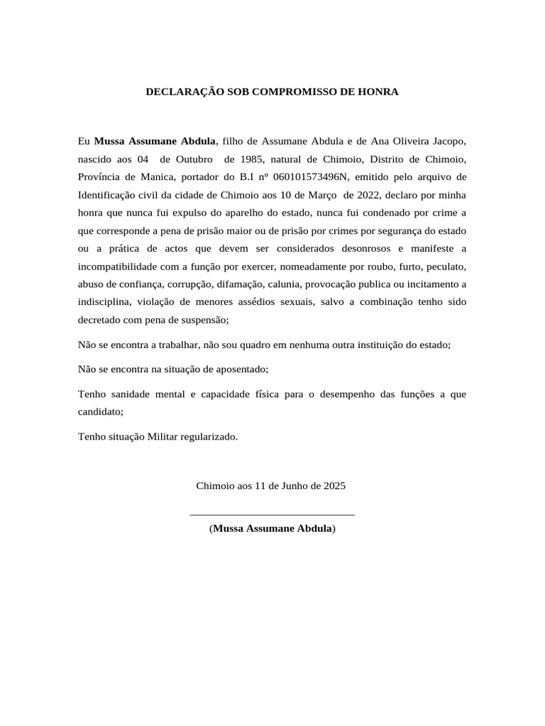 Declaração de Compromisso de Honra | PDF