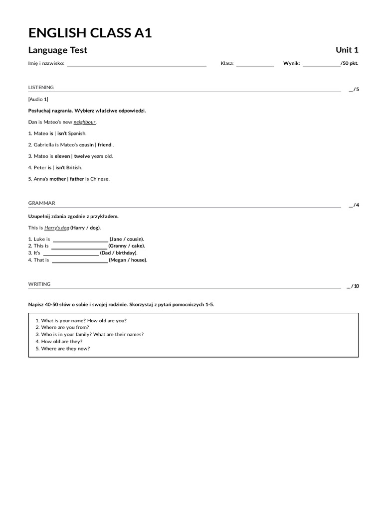 Ebglish Class A1 Unit 1 - Test | PDF