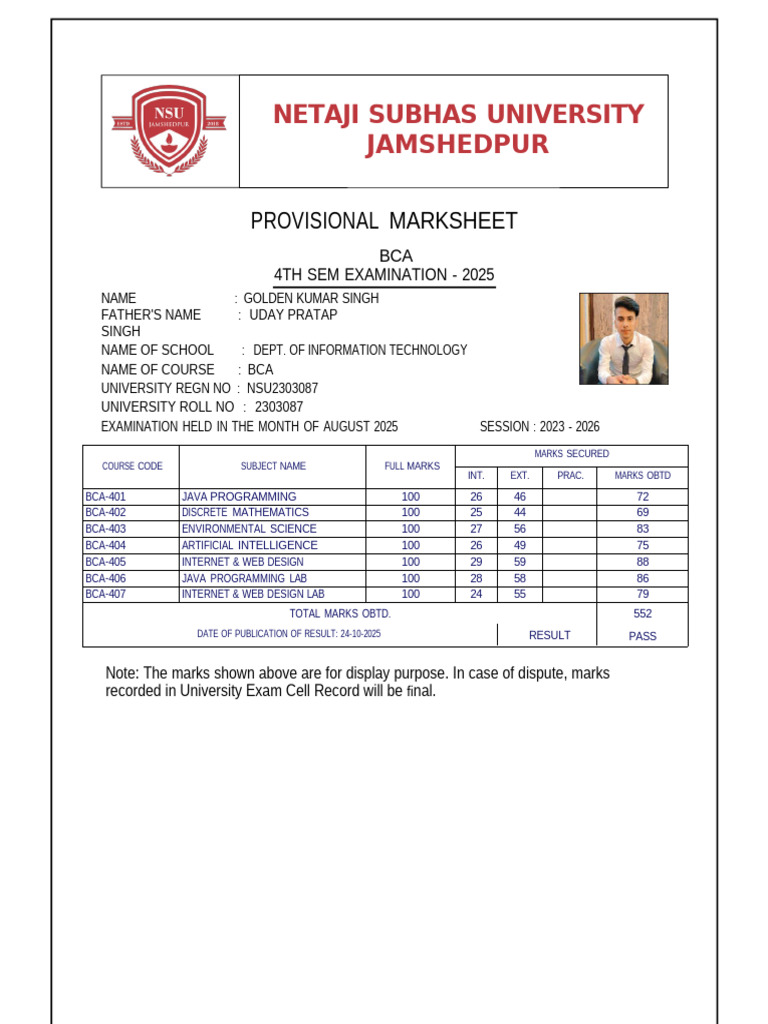 BCA 4th Sem Provisional Marksheet 2025 | PDF