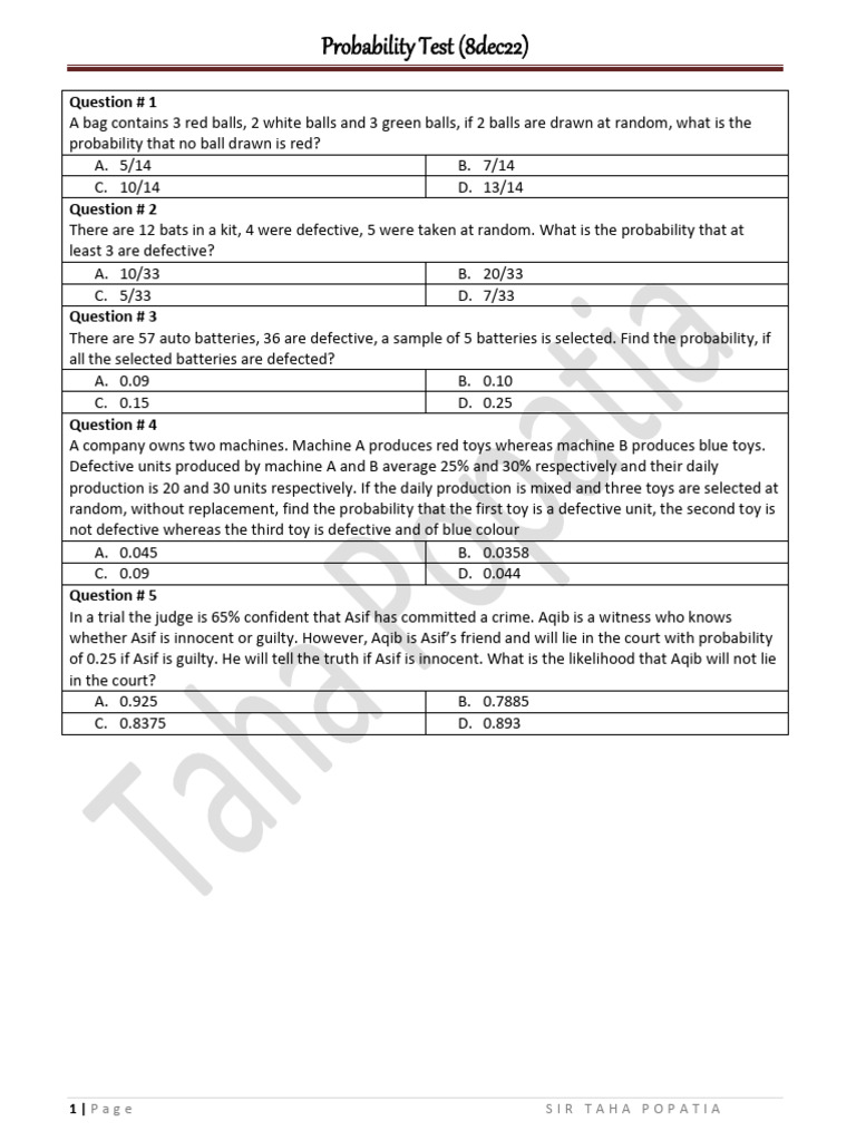 Probability Test - Question Paper 8dec22 | PDF