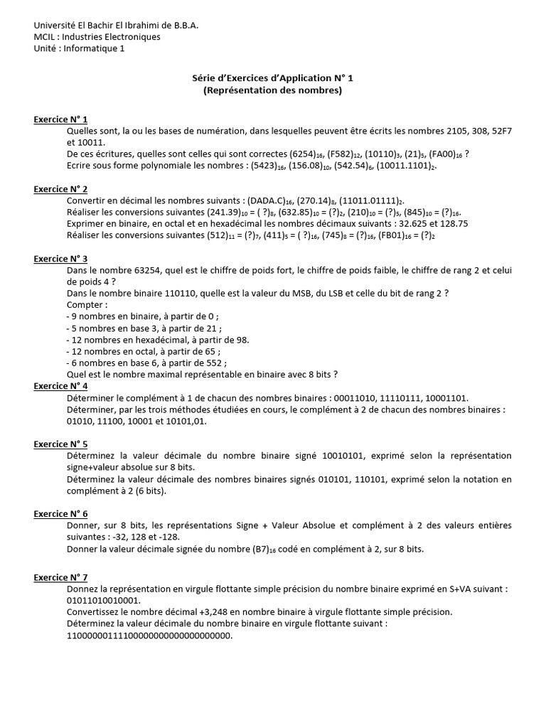 Exercices sur la représentation des nombres | PDF | Notation ...