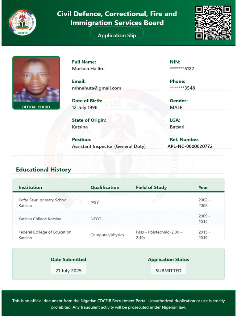 MURTALA HALLIRU Application Slip | PDF