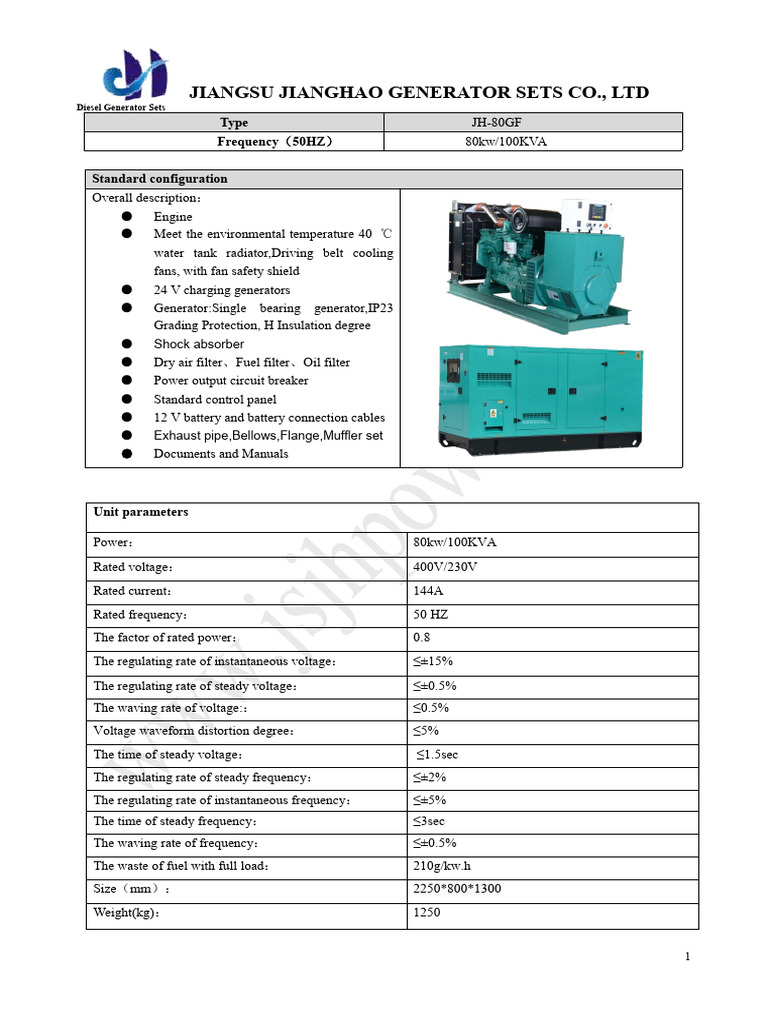 80kW Diesel Generator Set Specifications | PDF | Electric Generator ...