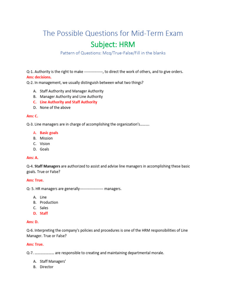 HRM Mid-Term Exam Question Guide | PDF | Human Resource Management ...