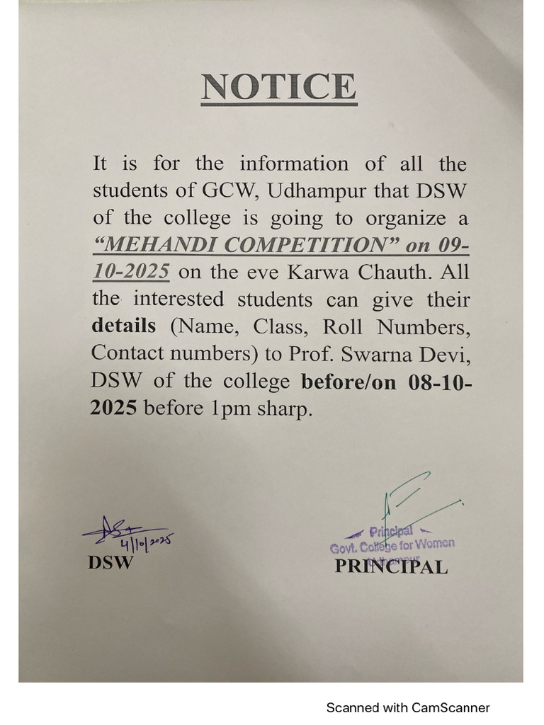 Notice For Mehandi Competition On 9th Oc | PDF