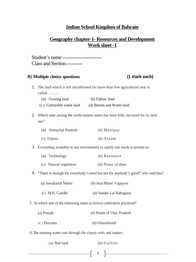 Geography Worksheet on Resources & Development | PDF | Soil ...