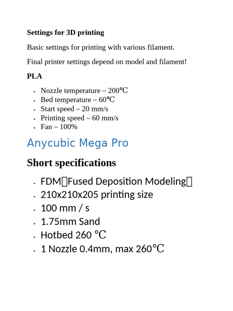 3D Printing Settings for PLA Filament | PDF