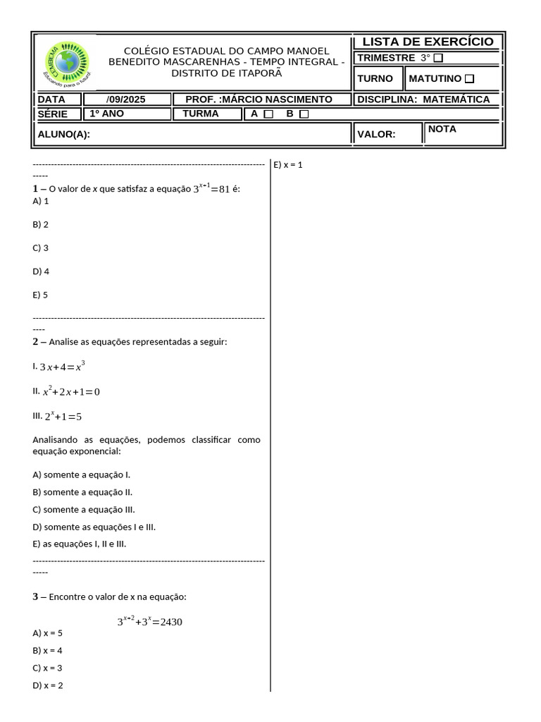 Atividade Equacao Exponencial 1 Ano | PDF | Equações | Conceitos ...