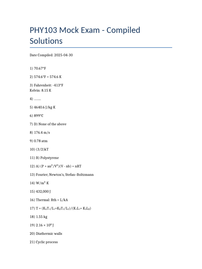 PHY103 Mock Solutions | PDF