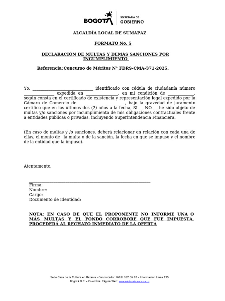 Formato No. 5 Declaracion de Multas y Sanciones | PDF