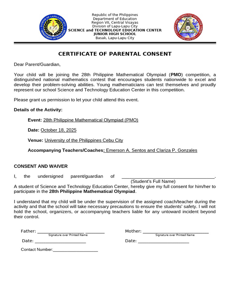 Parental Consent for PMO Participation | PDF