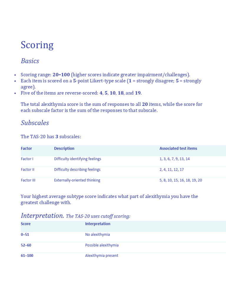 TAS-20 Scoring Guide and Interpretation | PDF