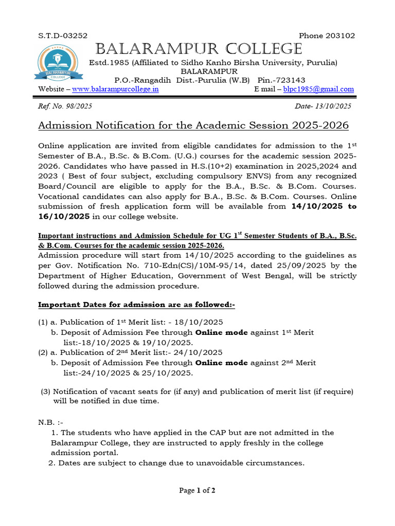 Admission Notification 2025-26 | PDF | Educational Stages
