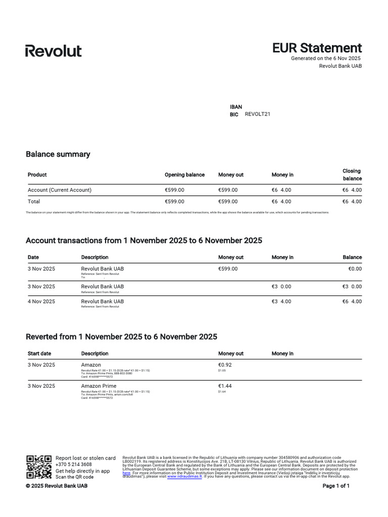 Revolut Bank EUR Statement Summary | PDF | Financial Services | Banking