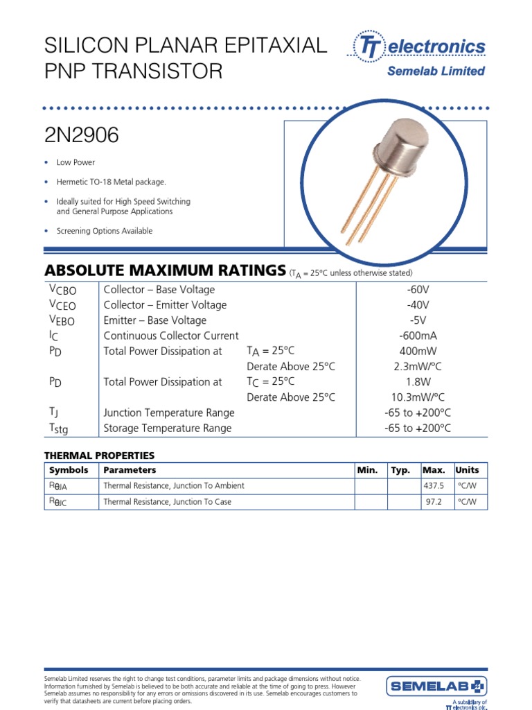 Silicon Planar Epitaxial PNP Transistor Absolute Maximum Ratings PDF