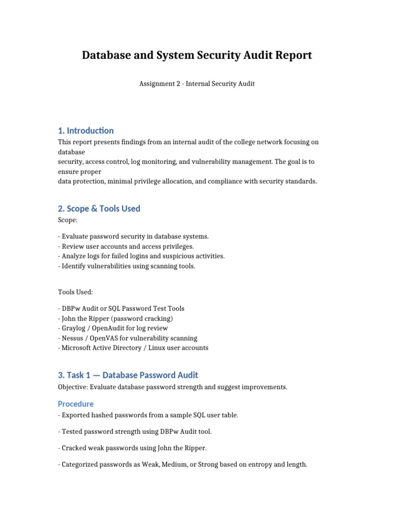 Internal Database Security Audit Report | PDF | Password | Transport ...