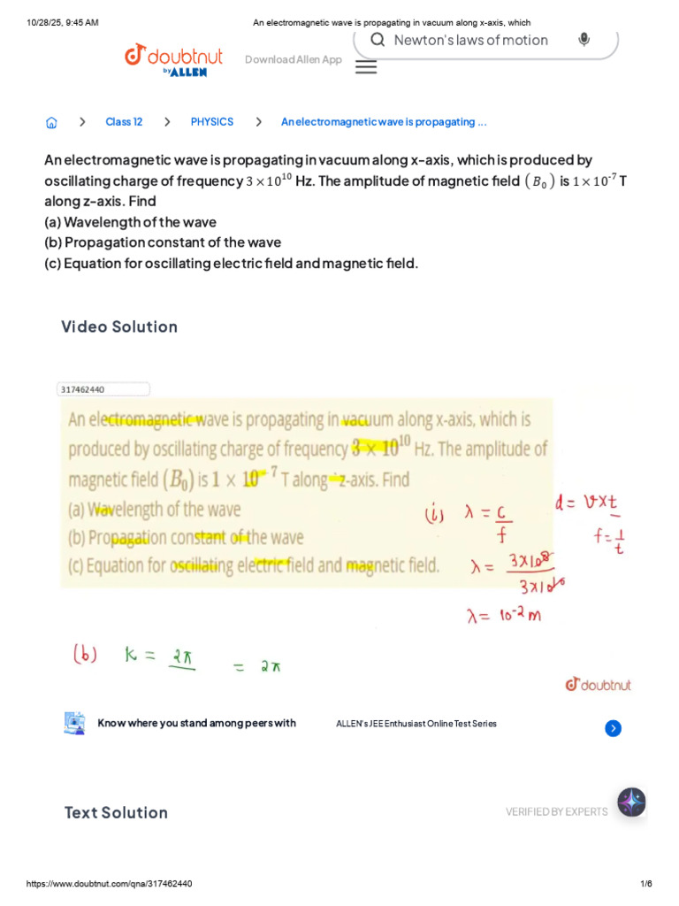 An Electromagnetic Wave Is Propagating in Vacuum Along X-Axis, Which ...