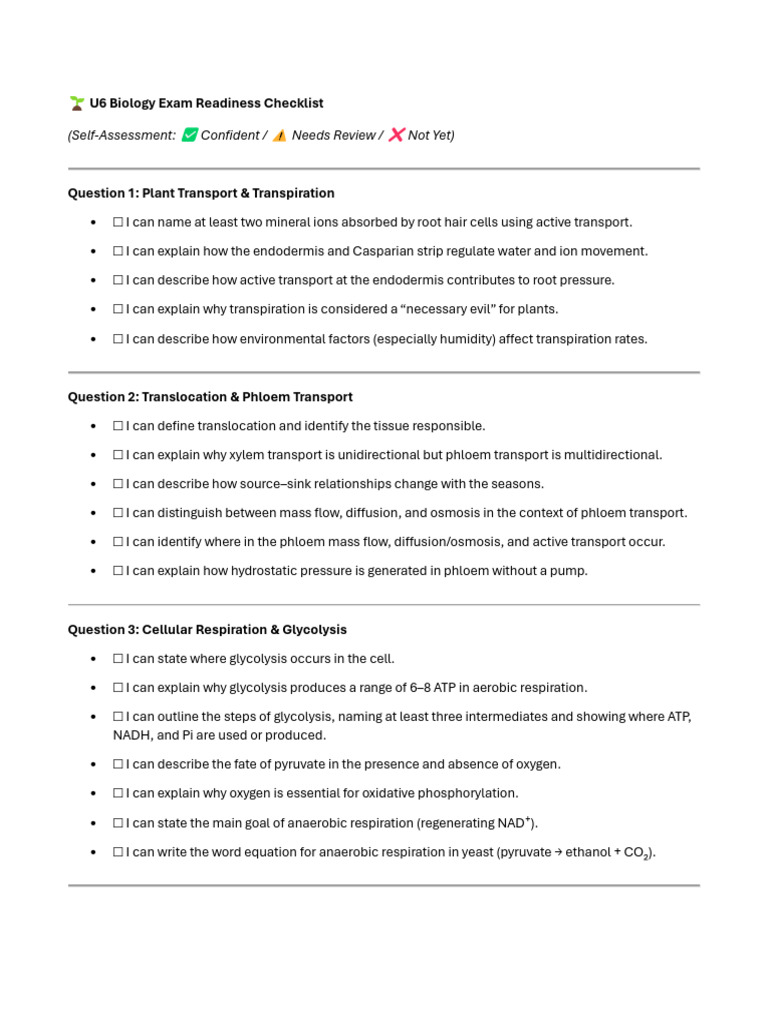 U6 Biology Exam Prep Checklist | PDF | Cellular Respiration | Glycolysis