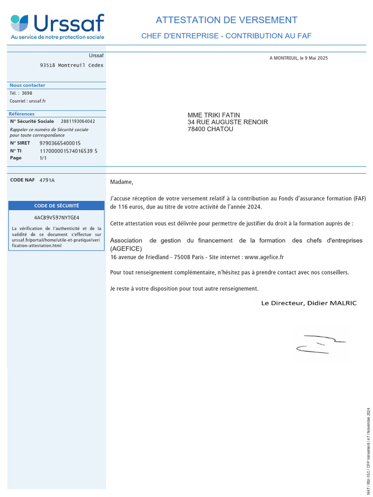 Attestation Urssaf - Contribution FAF | PDF