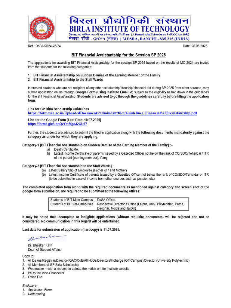 BIT Financial Assistantship SP 2025 Applications | PDF