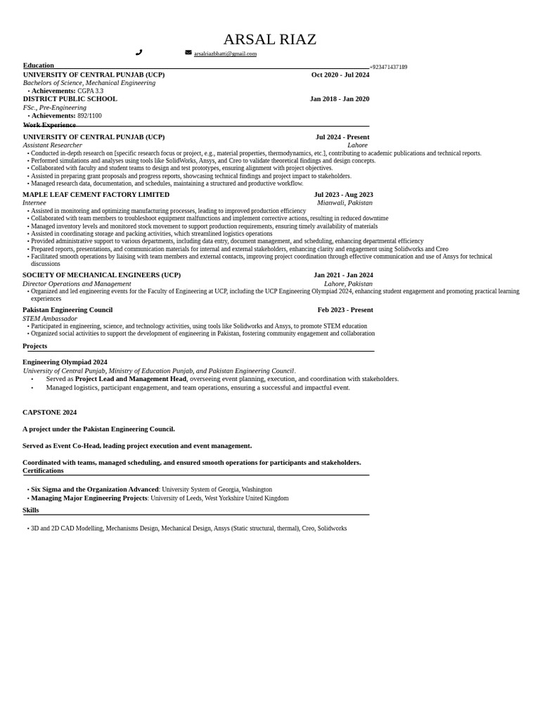 Arsal Riaz Resume (1) | PDF | Business