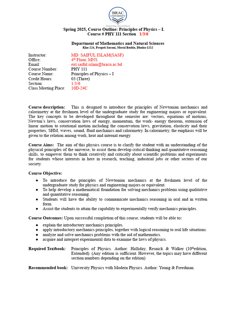 PHY 111 Course Outline Spring 2025 | PDF | Physics | Science