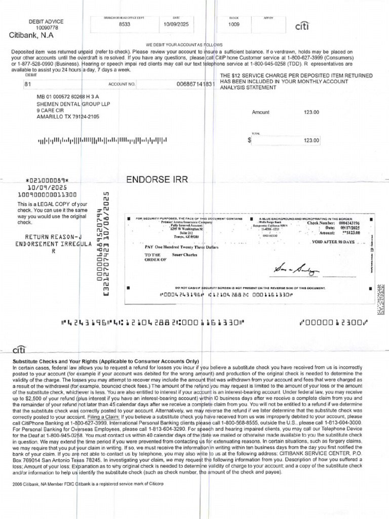 Citibank Returned Check - $123 | PDF