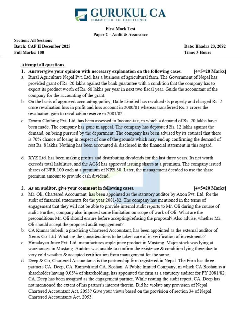 CAP II Audit & Assurance Mock Test | PDF | Auditor's Report | Audit