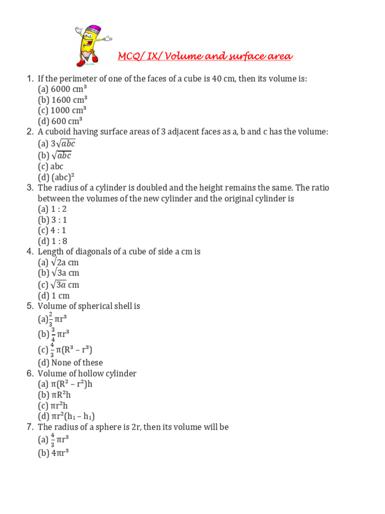 MCQs on Volume and Surface Area | PDF