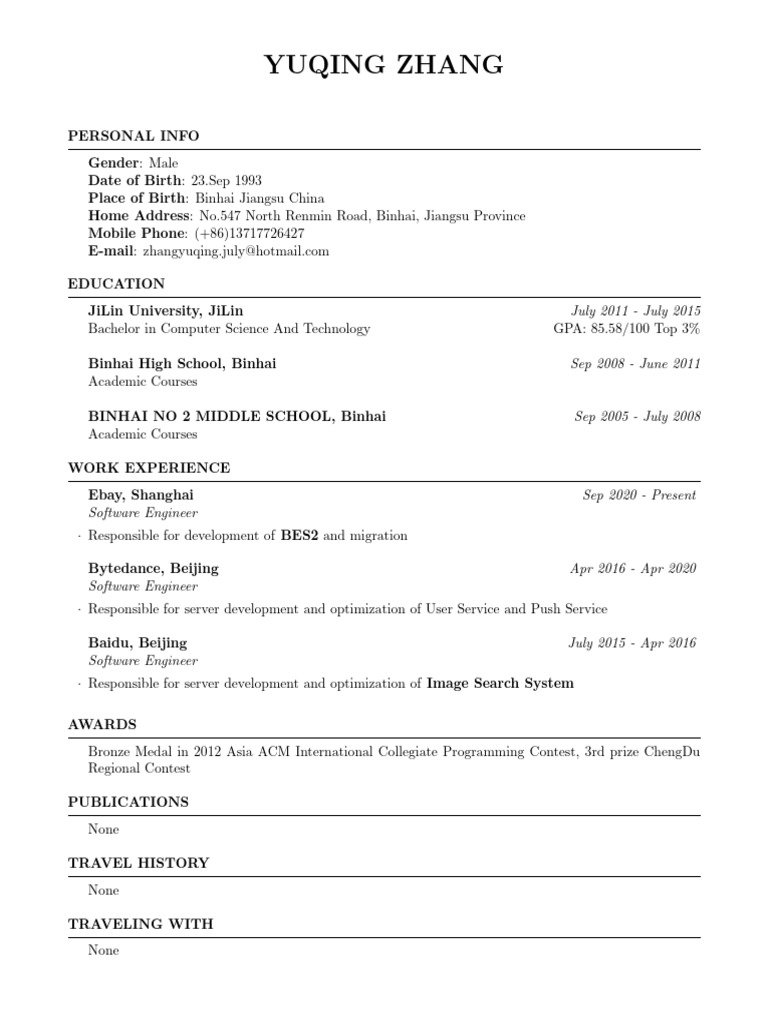 YuQing Zhang S CV For f1 Interview | PDF