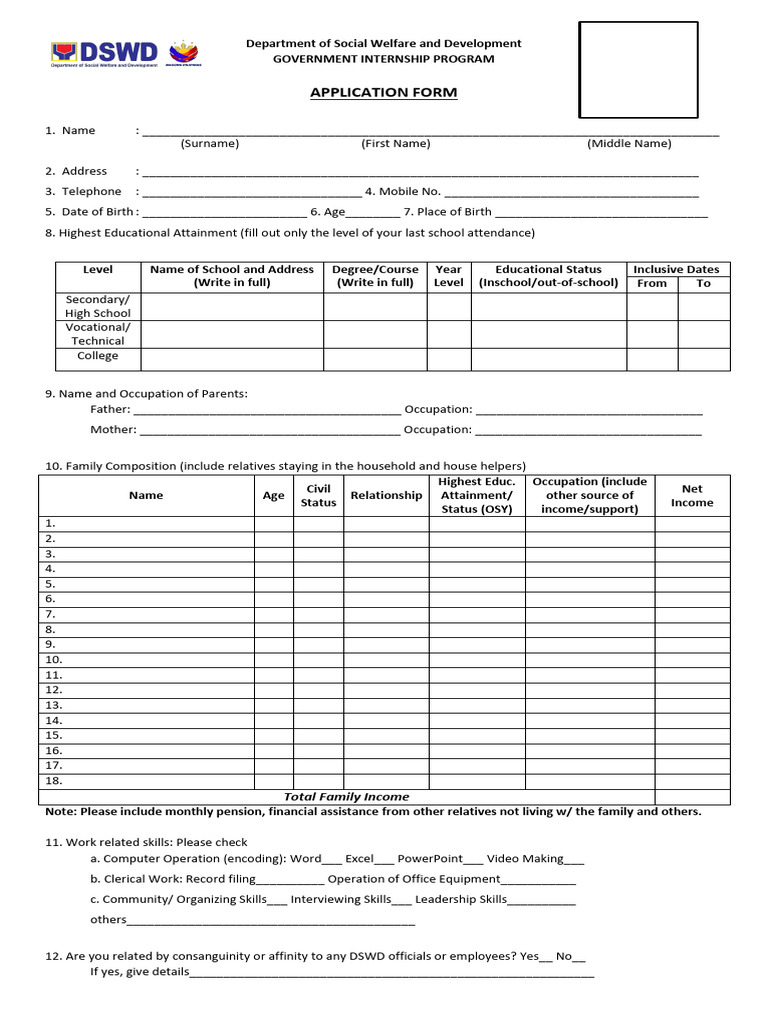 DSWD Government Internship Application Form | PDF | Birth Certificate
