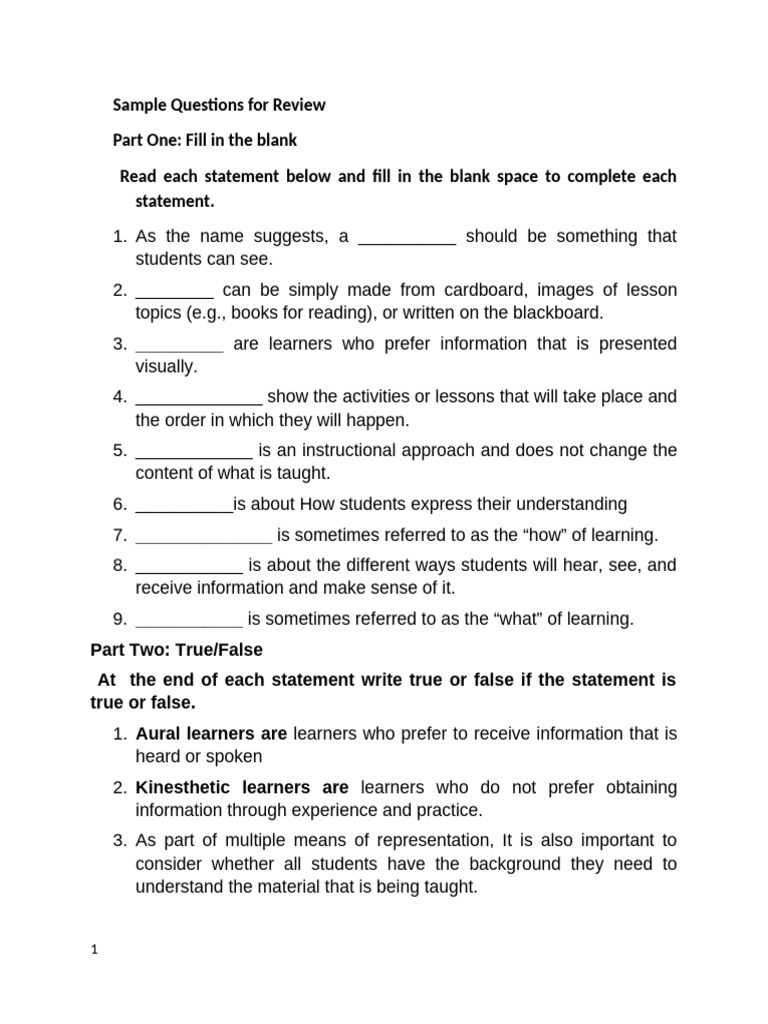 Sample UDL Review Questions and Activities | PDF | Learning | Teachers
