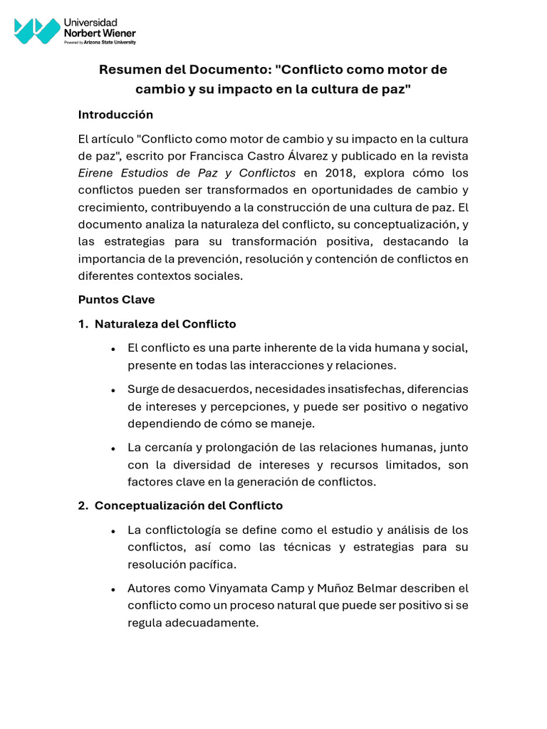 Conflicto y Cultura de Paz: Cambio Positivo | PDF | Conflicto (proceso ...