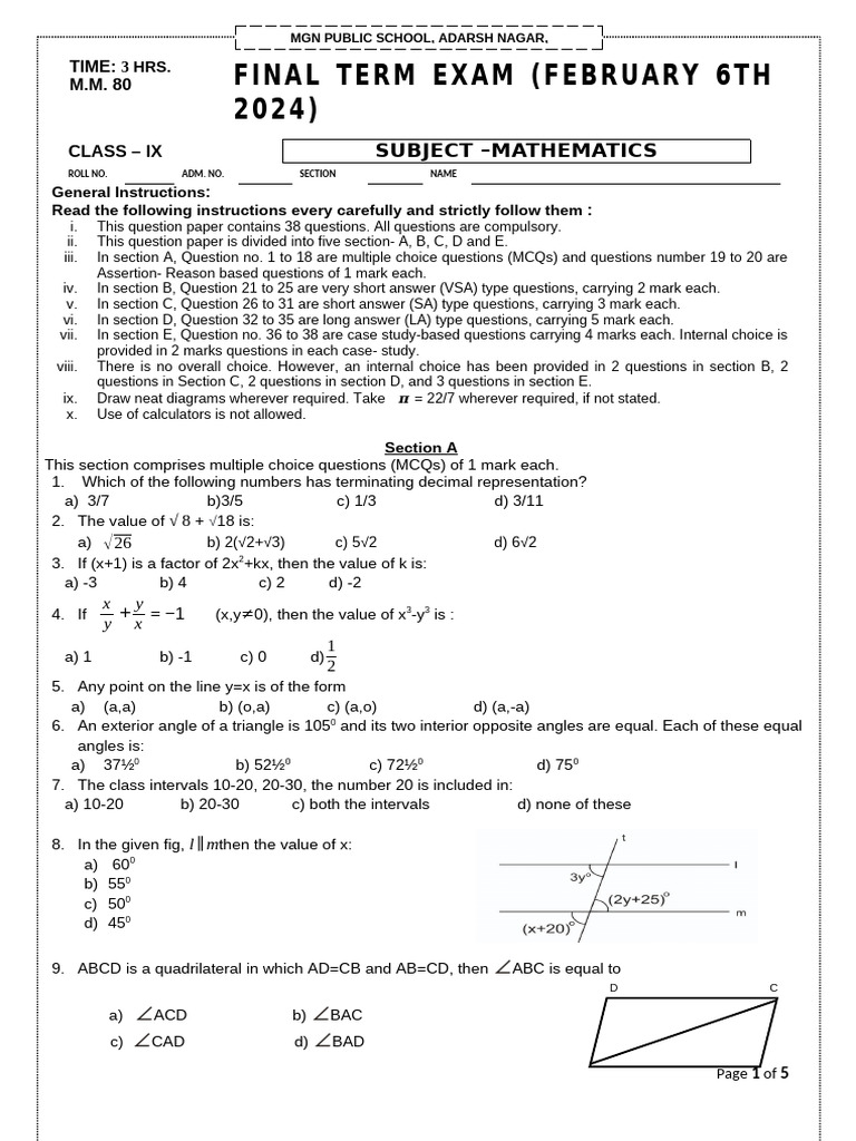 Class IX Mathematics Final Exam Paper | PDF | Euclid | Euclidean Geometry
