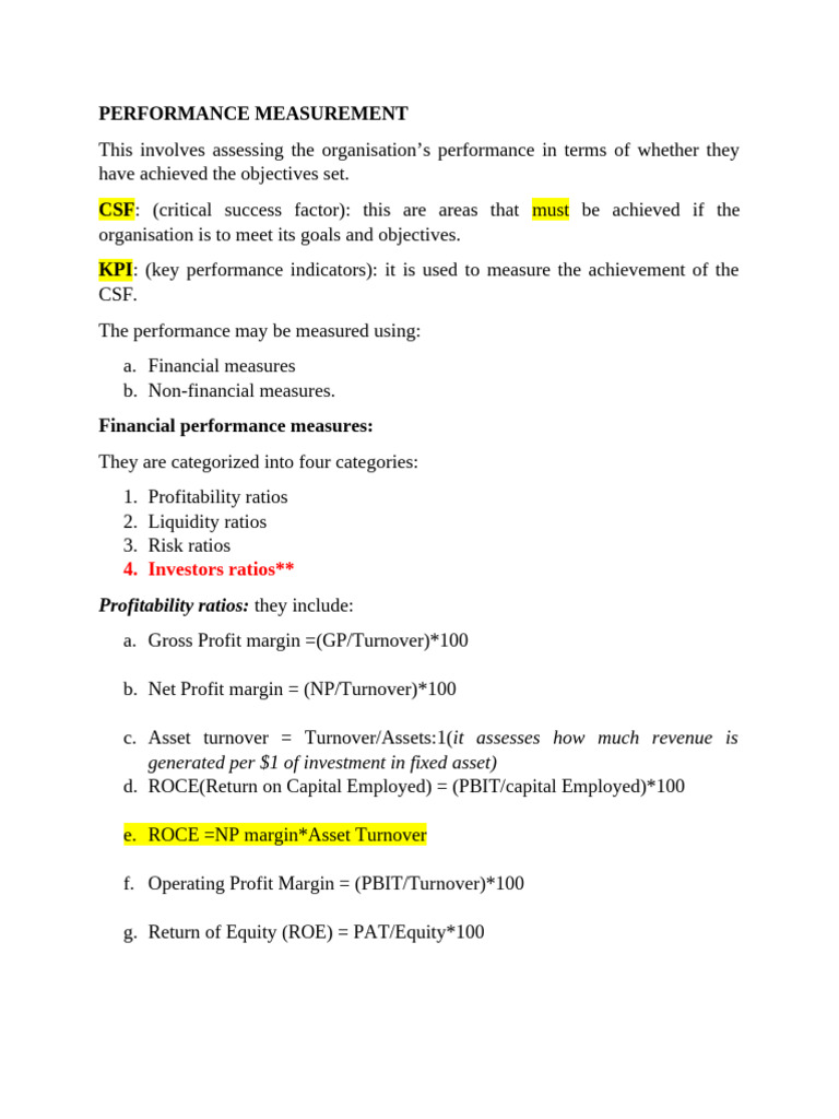Performance Measures | PDF | Revenue | Return On Investment