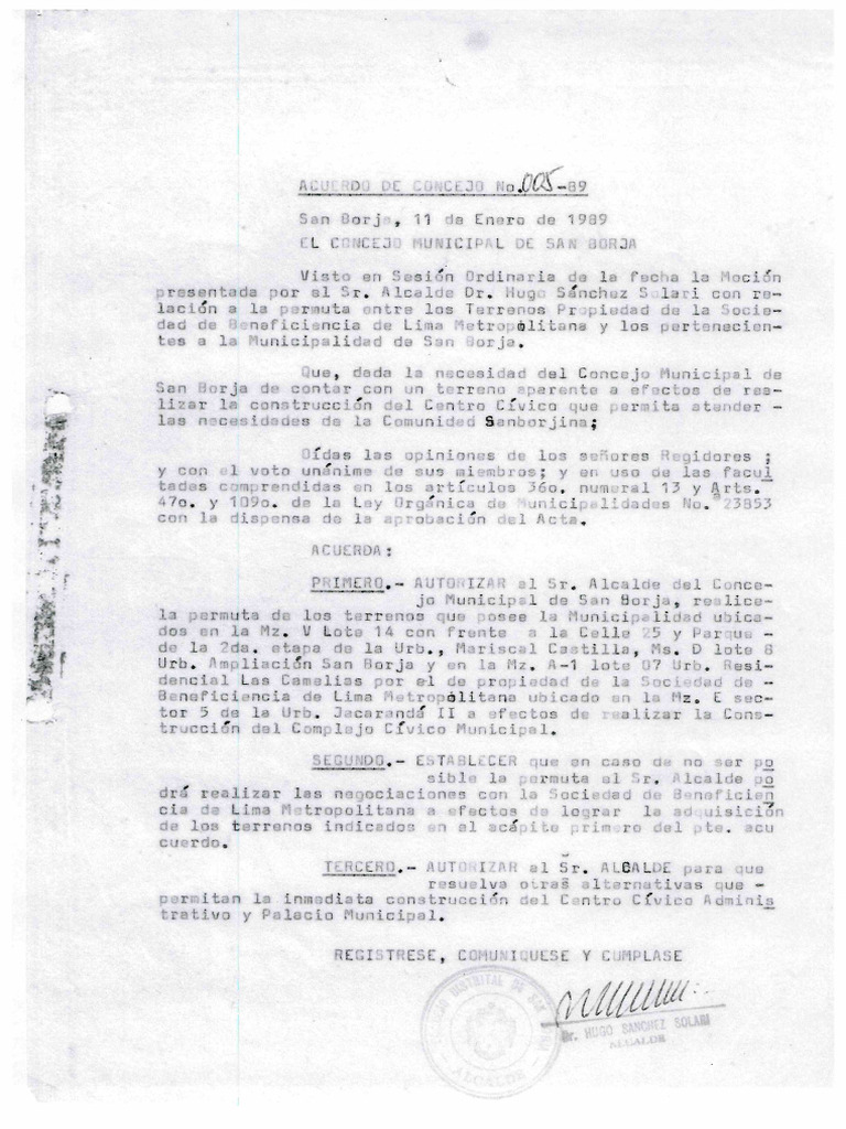 A.C. 005-89 - Autoriza Permuta de Terrenos | PDF