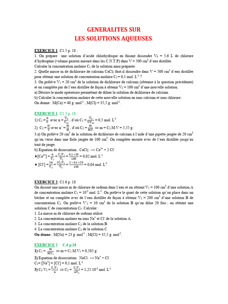 Solutions aqueuses : exercices et calculs | PDF | Concentration molaire ...