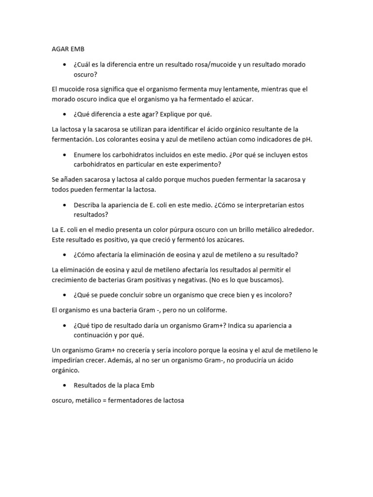 Resultados y Análisis del Agar EMB | PDF