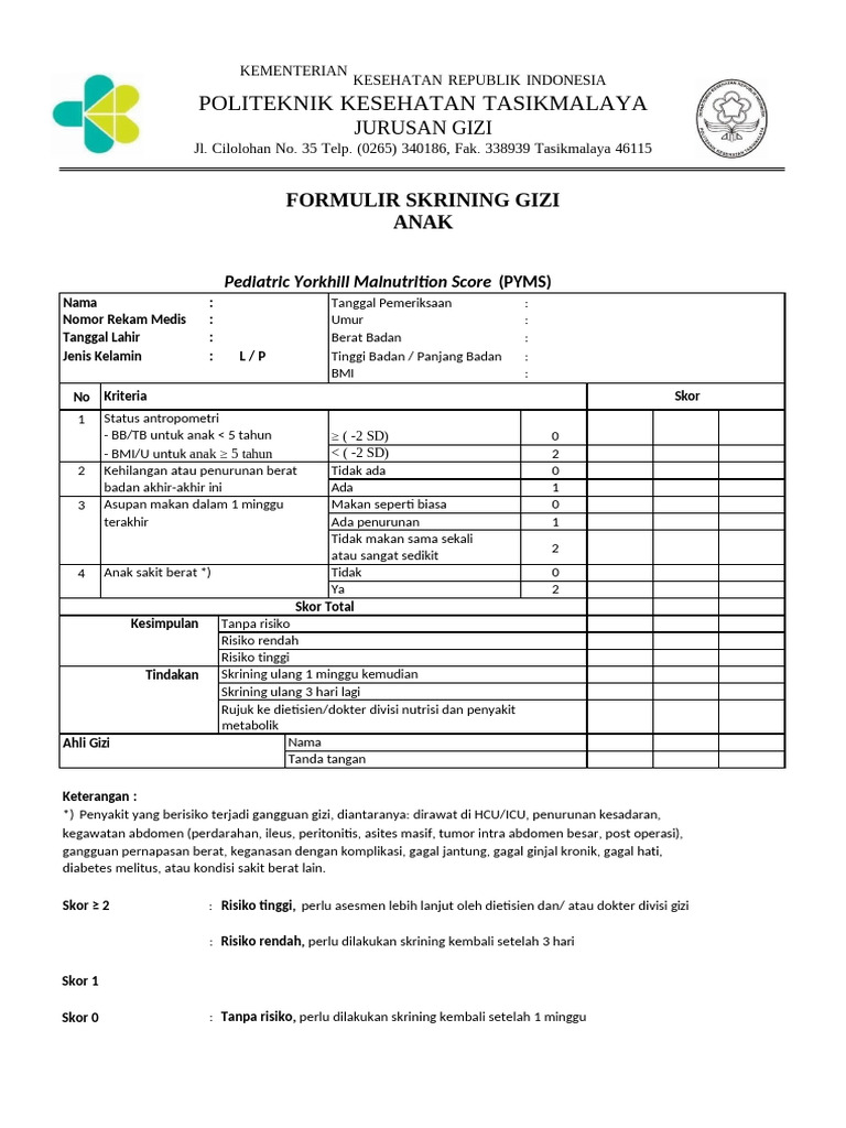 Formulir Skrining PYMS Anak | PDF