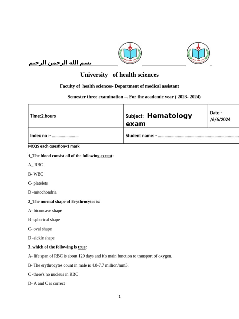 Hematology Exam Questions 2024 | PDF | Anemia | Red Blood Cell