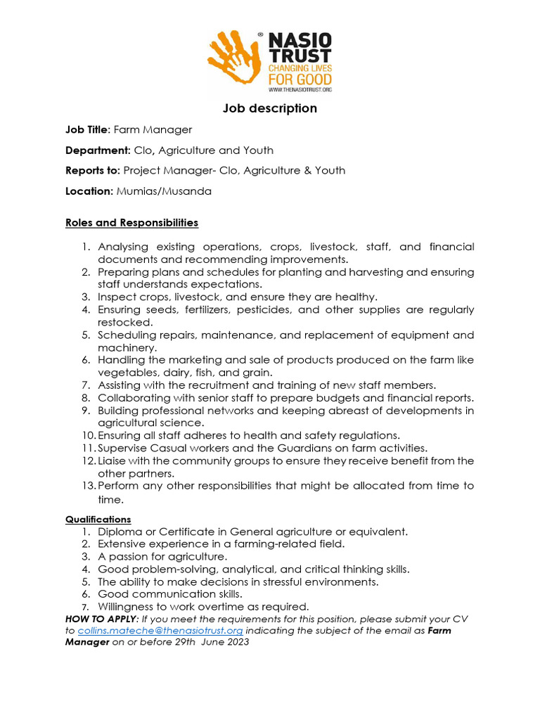 Farm Manager Job Description in Agriculture | PDF