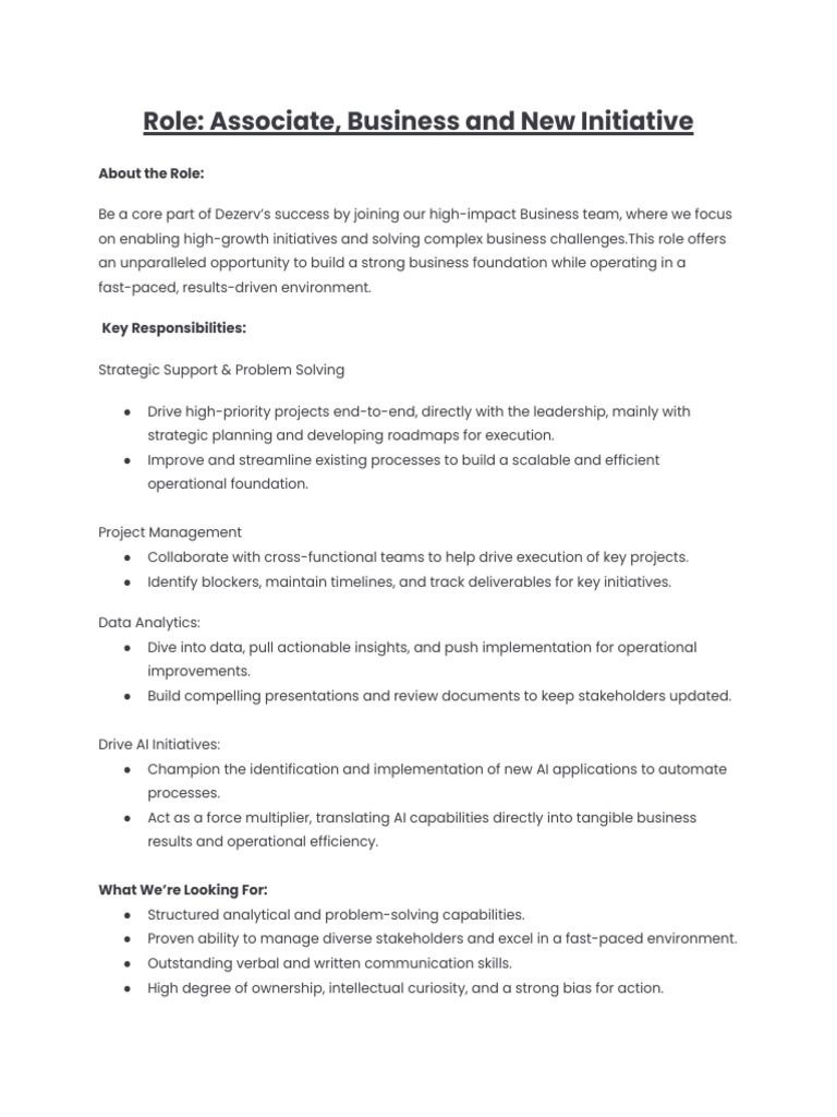 Associate Role in Business Initiatives | PDF