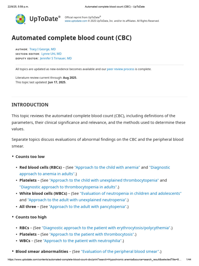 Automated Complete Blood Count (CBC) - UpToDate | PDF | Anemia | Red ...