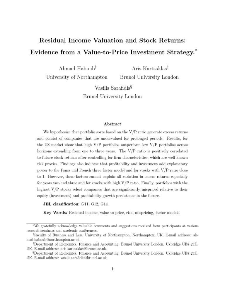 Residual Income Valuation and Stock Returns: Evidence From A Value-to ...
