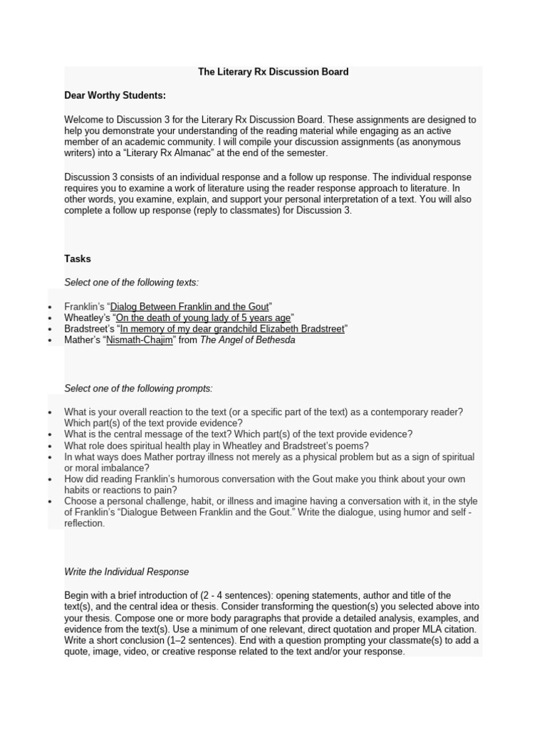 Literary Rx Discussion 3 Guidelines | PDF | Dialogue | Writing