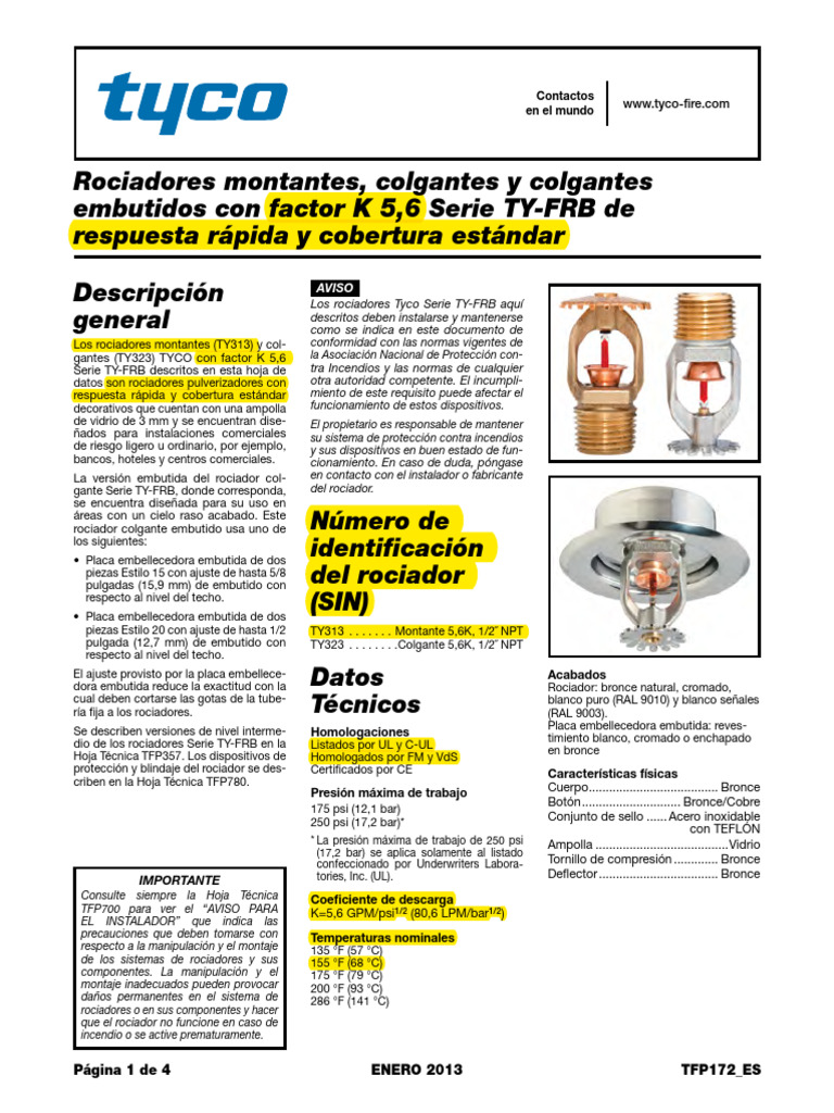 Rociadores TY-FRB K 5.6: Instalación y Especificaciones | PDF | Sistema ...