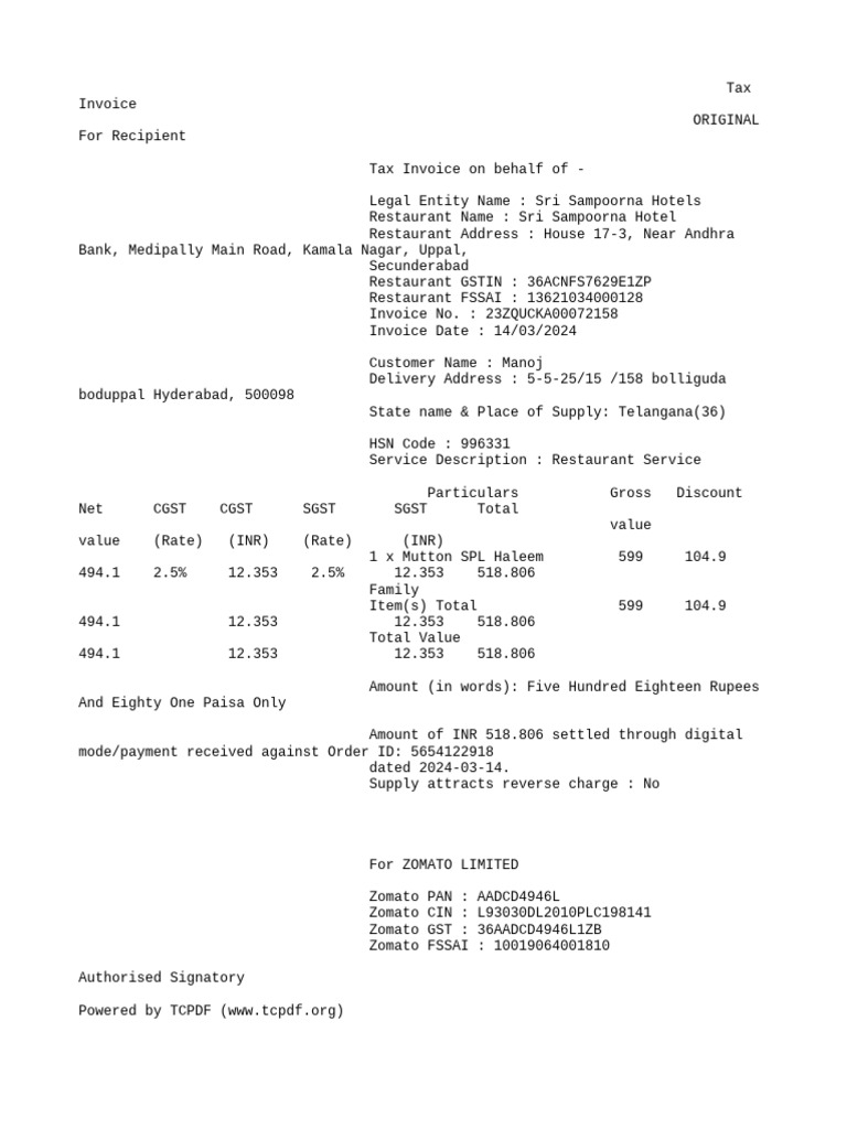 Tax Invoice for Sri Sampoorna Hotel | PDF | Invoice | Public Finance